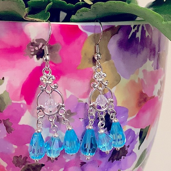 NEW, Silver 3*Tear Turquoise Crystals Drop Dangle Earrings Classic Fish Hooks - Picture 6 of 14